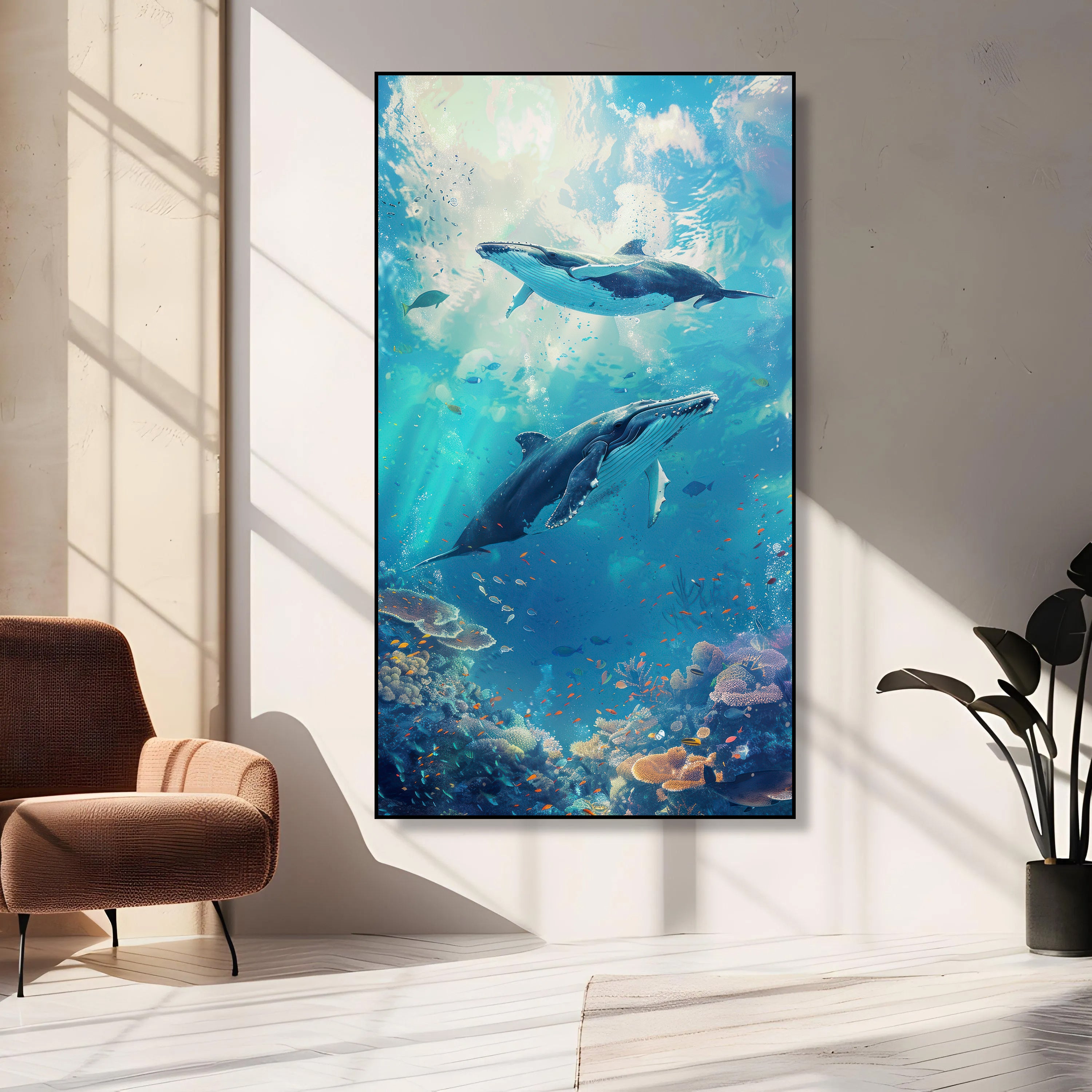 Underwater Whales and Coral Reef Painting by Krutik – Oceanic Wall Art