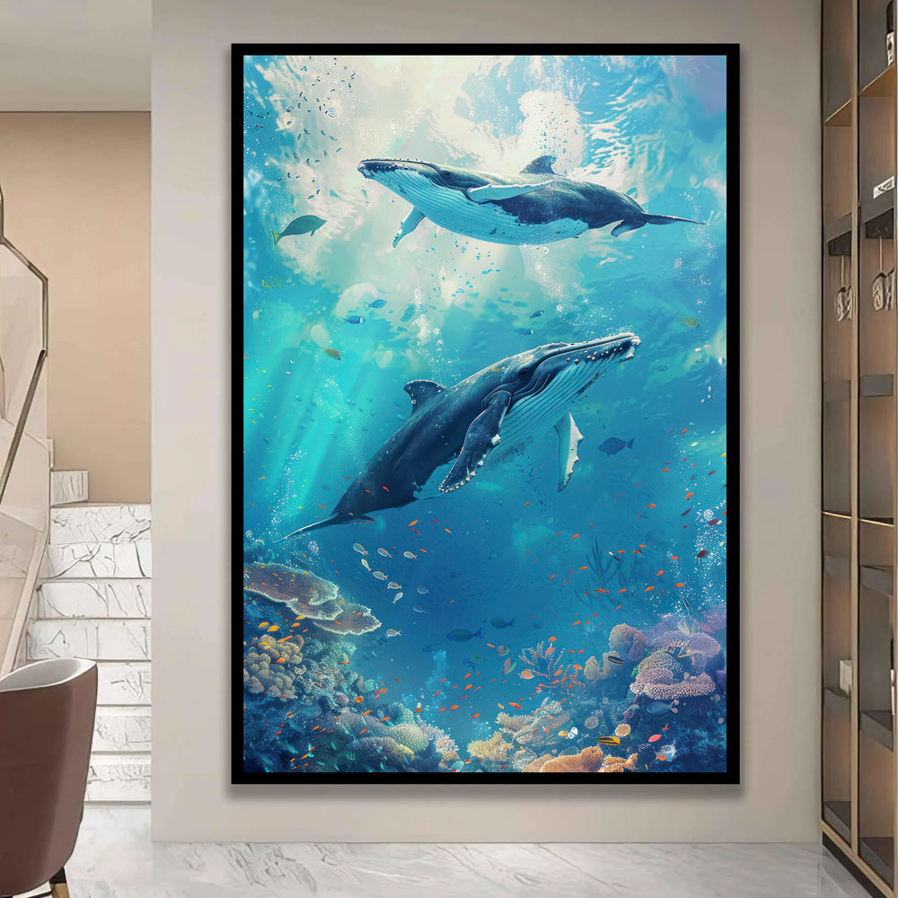 Underwater Whales and Coral Reef Painting by Krutik – Oceanic Wall Art