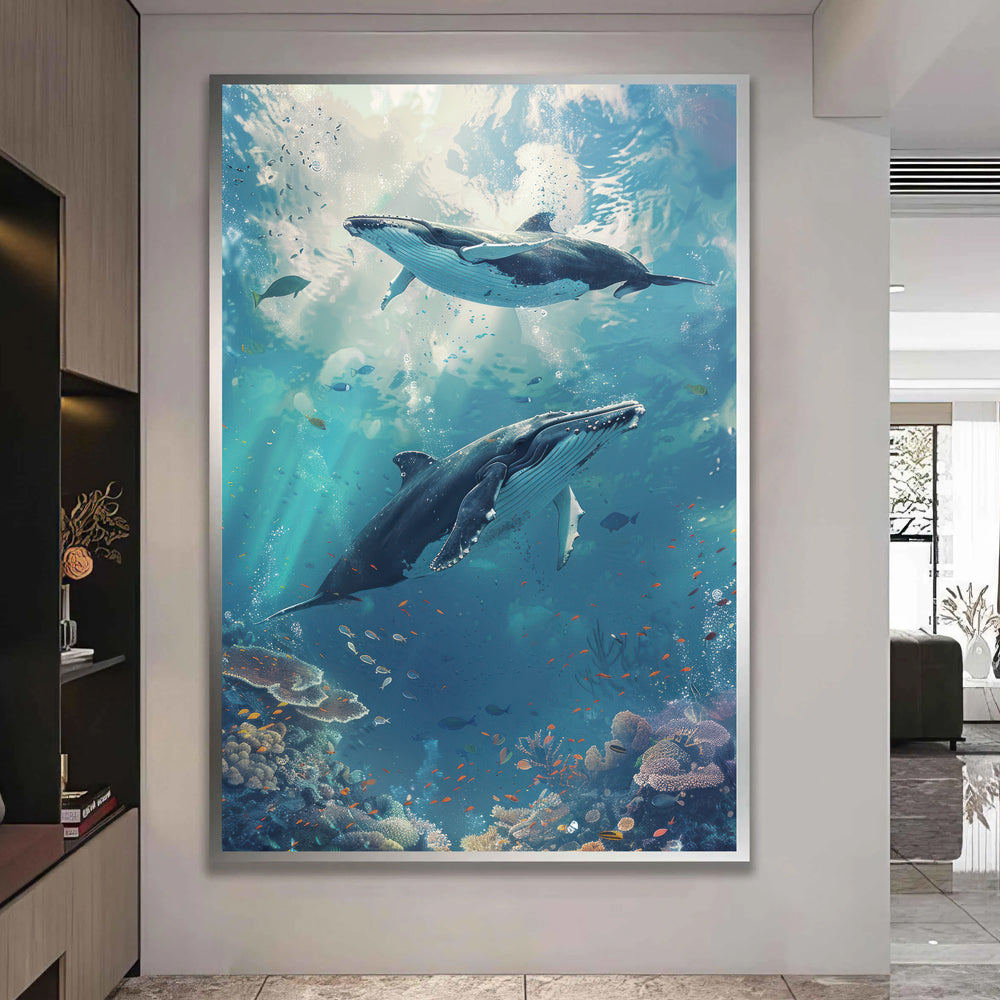 Underwater Whales and Coral Reef Painting by Krutik – Oceanic Wall Art