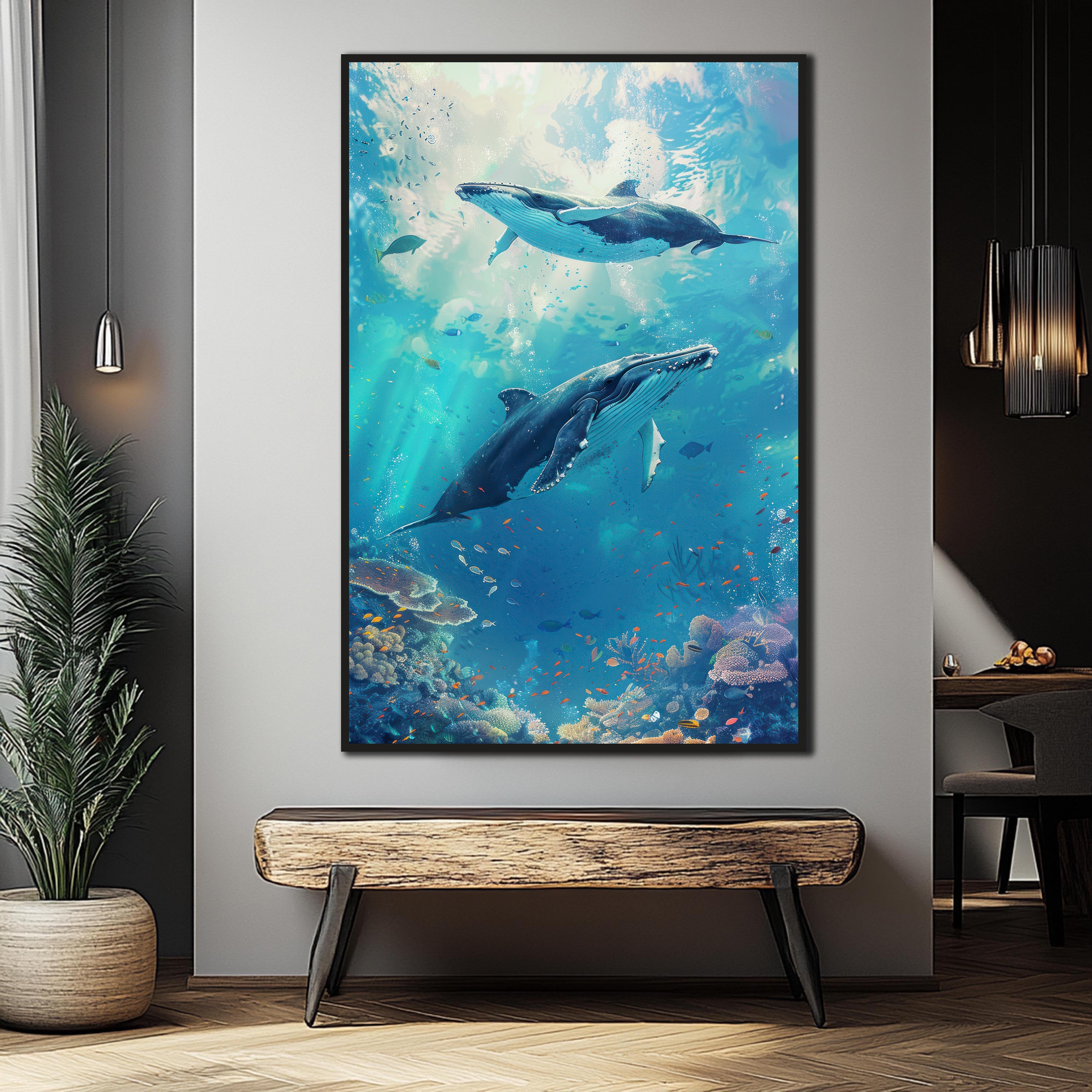 Underwater Whales and Coral Reef Painting by Krutik – Oceanic Wall Art