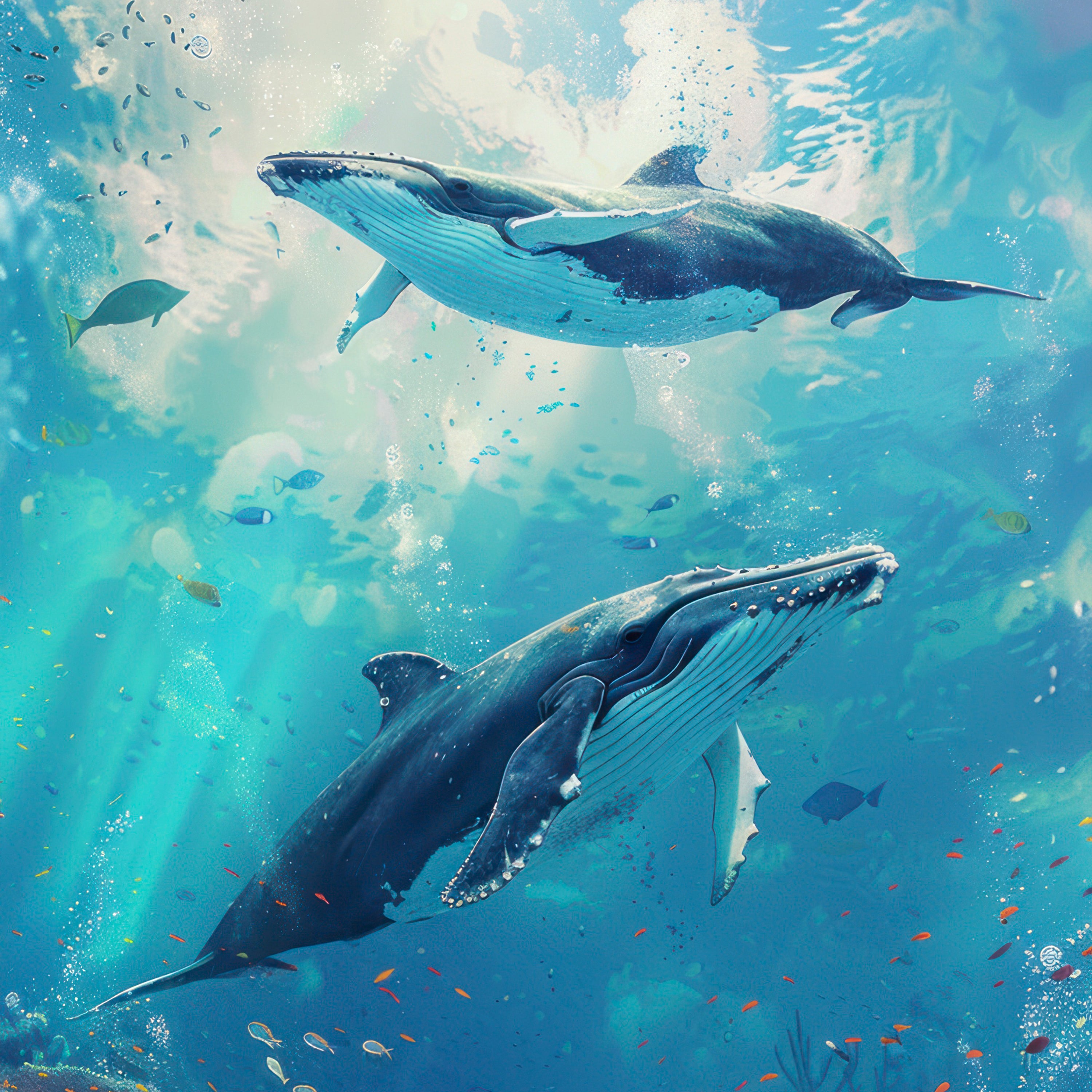 Underwater Whales and Coral Reef Painting by Krutik – Oceanic Wall Art