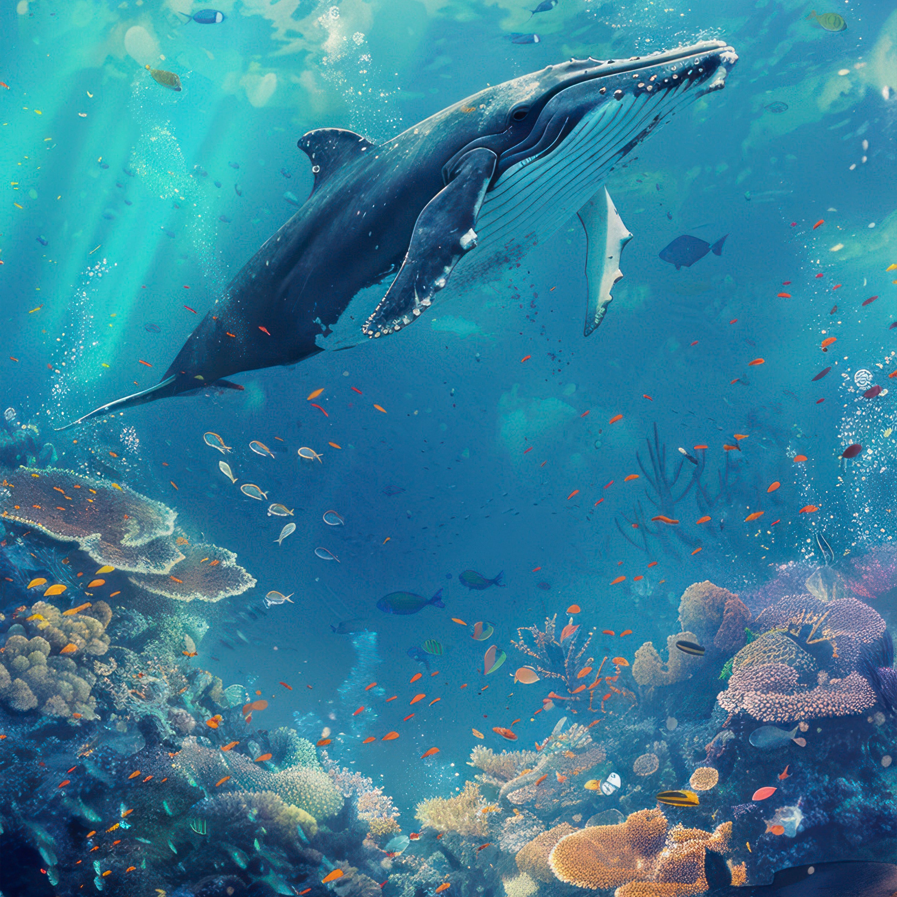 Underwater Whales and Coral Reef Painting by Krutik – Oceanic Wall Art