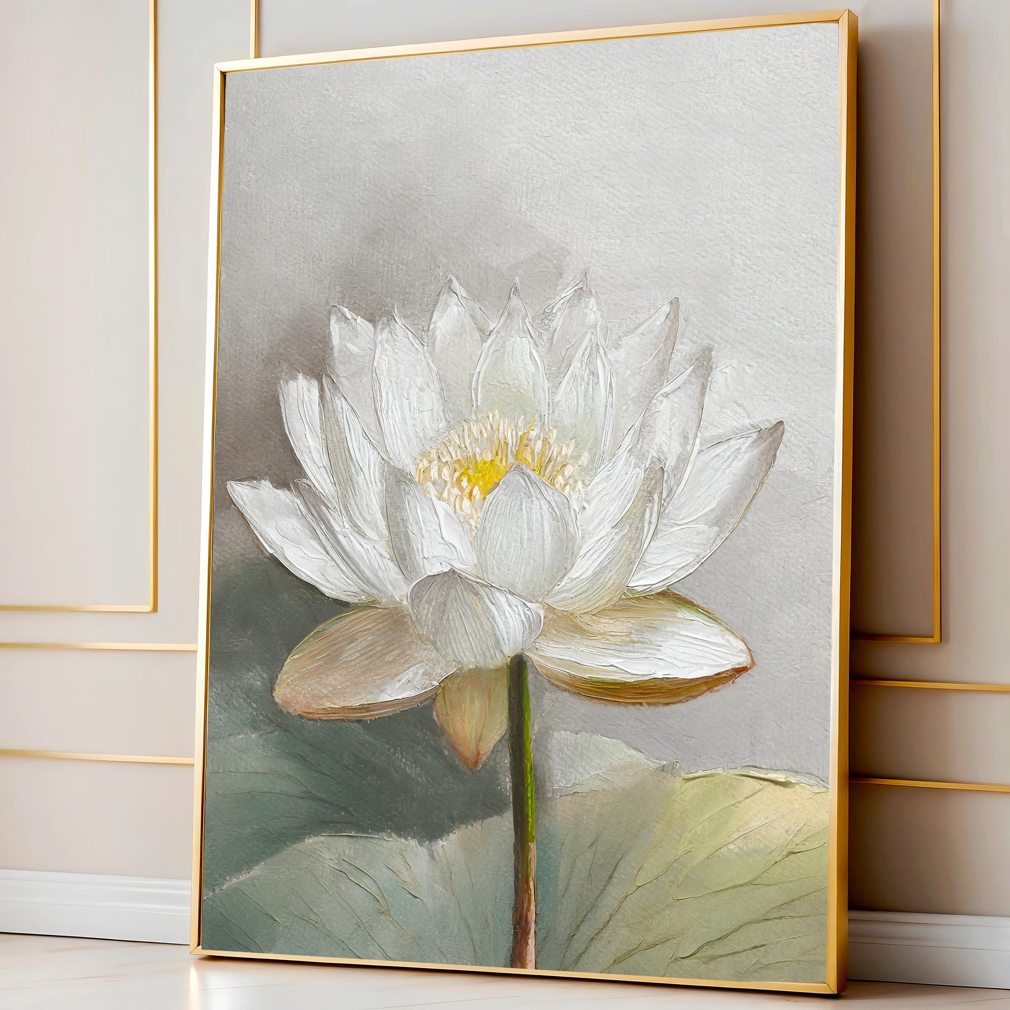 White Lotus Canvas Painting – Elegant Spiritual Flower Wall Art for Home.