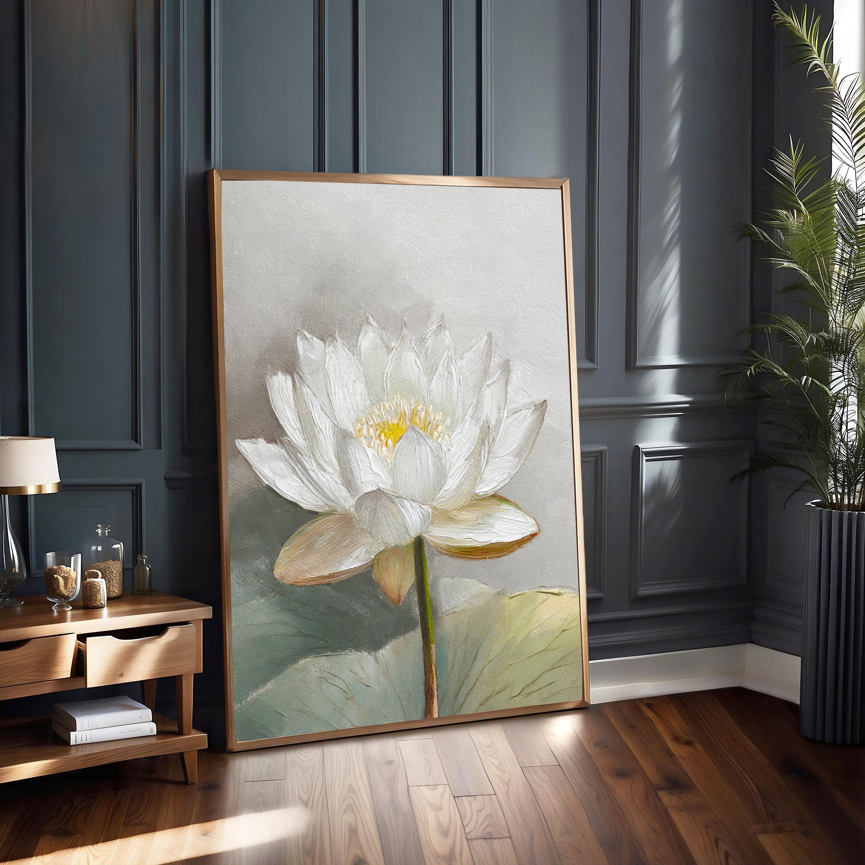 White Lotus Canvas Painting – Elegant Spiritual Flower Wall Art for Home.