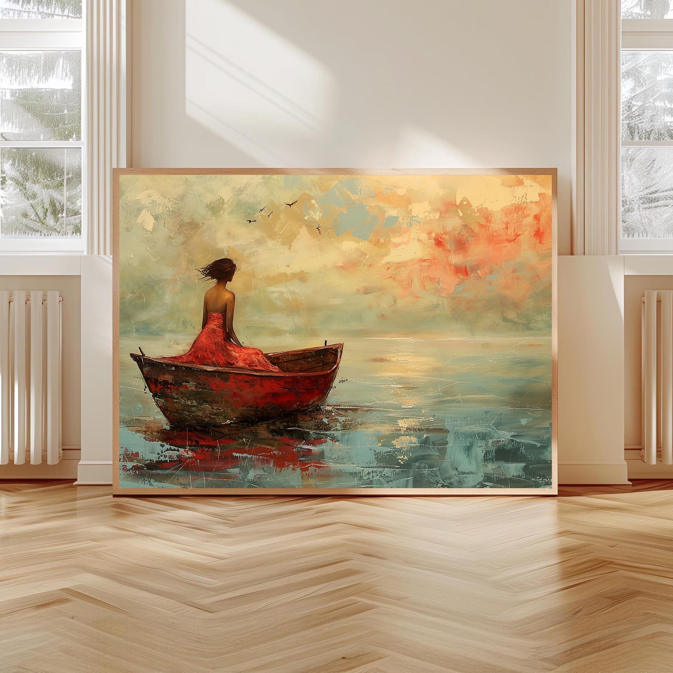 Solitude in Red Dress Painting by Krutik – Dreamy Waterscape Wall Art