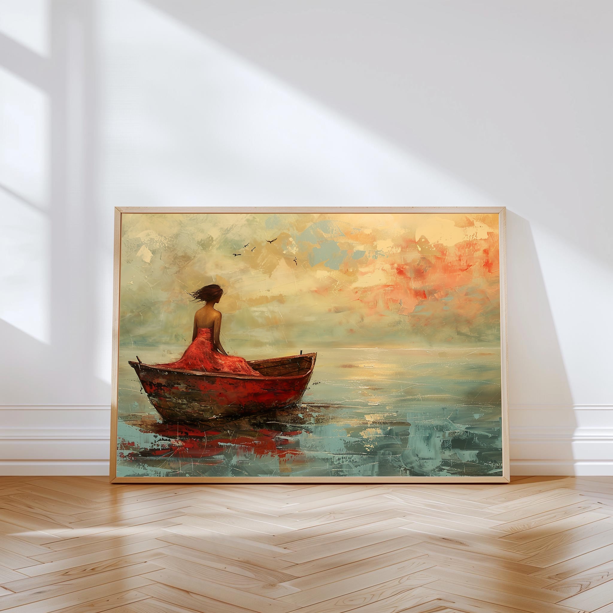 Solitude in Red Dress Painting by Krutik – Dreamy Waterscape Wall Art