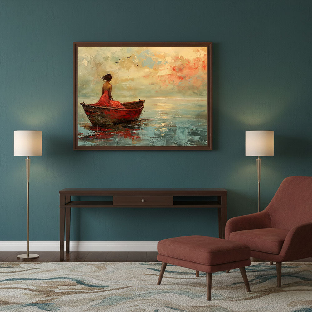 Solitude in Red Dress Painting by Krutik – Dreamy Waterscape Wall Art