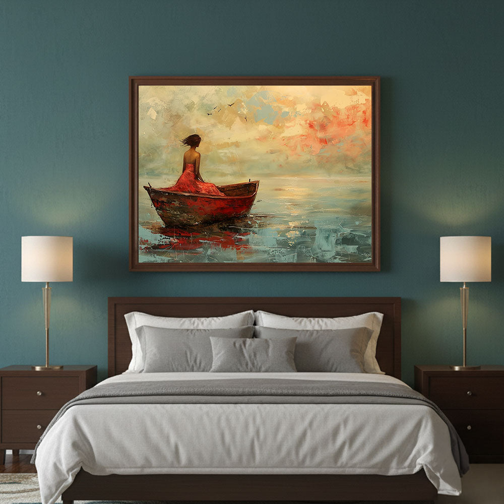 Solitude in Red Dress Painting by Krutik – Dreamy Waterscape Wall Art