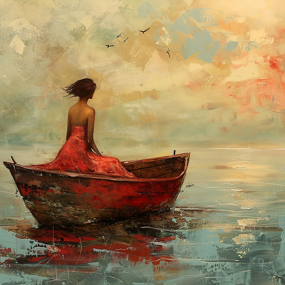 Solitude in Red Dress Painting by Krutik – Dreamy Waterscape Wall Art