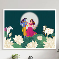 Radha and Krishna Lotus Pichwai Art Painting.
